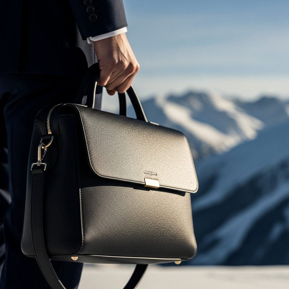 designer bag Davos Close-up of a luxury designer bag featuring prominent logos, held by a well-dressed attendee at Davos, with snow-capped mountains in the background.
