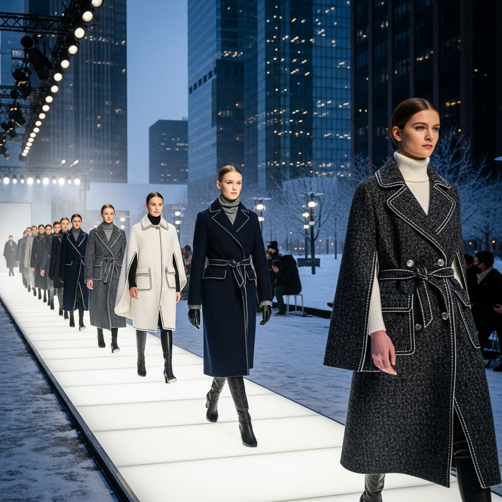an elegant winter runway featuring models in luxurious outerwear with intricate detailing, set against a modern cityscape