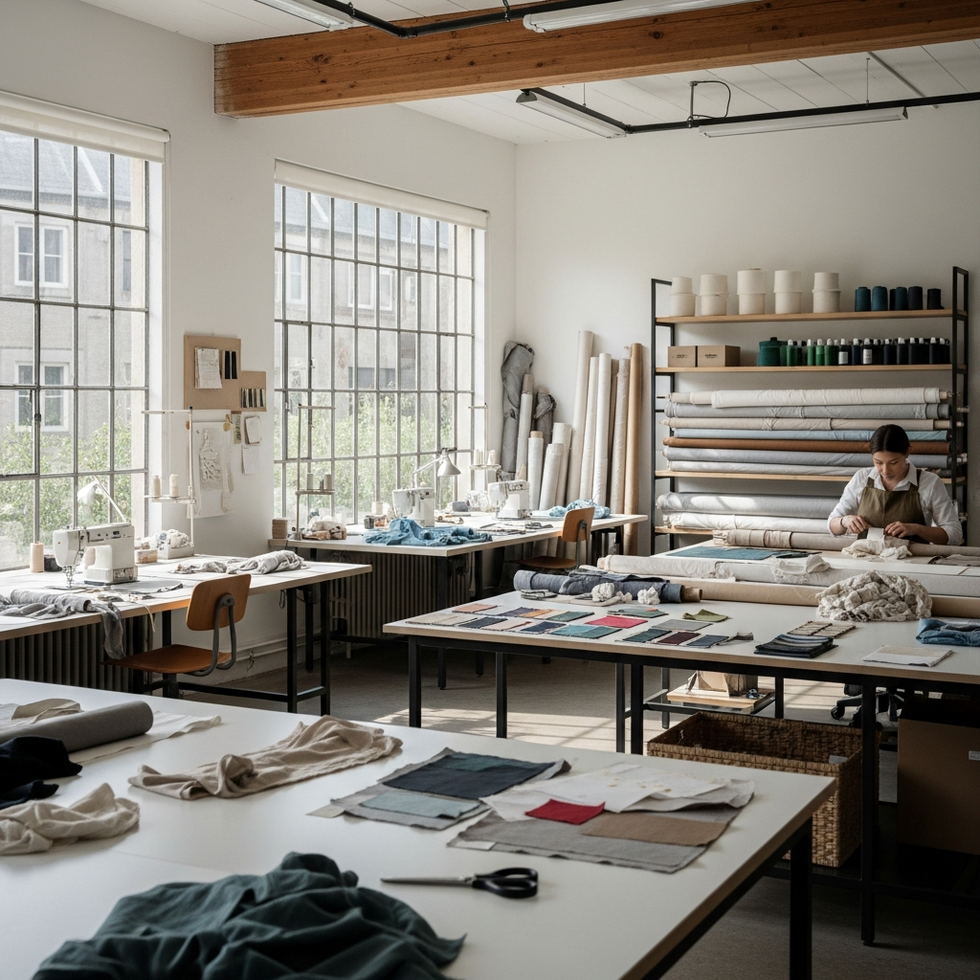 eco-friendly fabrics An eco-friendly fashion studio showcasing recycled fabrics and sustainable design processes