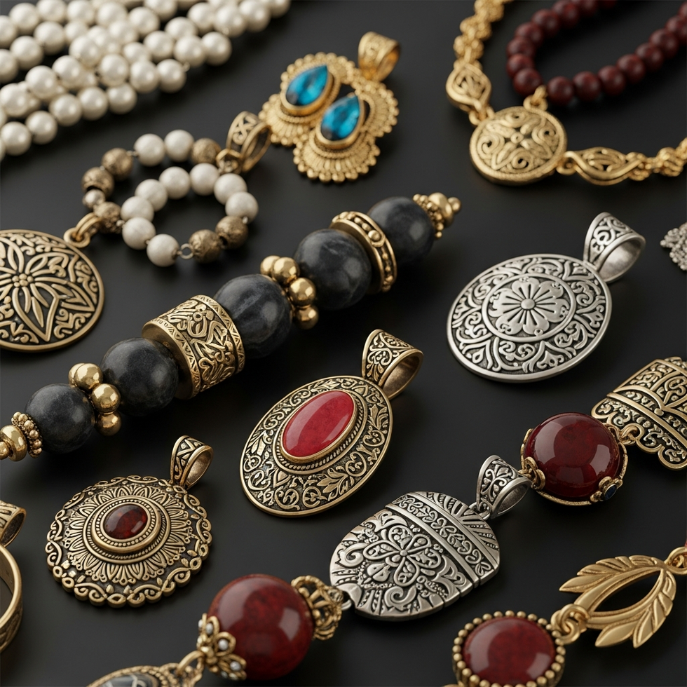 A diverse collection of traditional and contemporary jewelry pieces representing various cultures and design styles