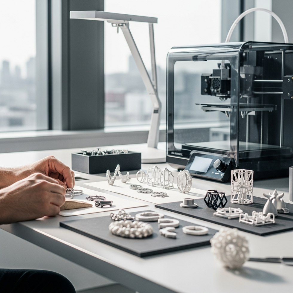 A modern jewelry designer working with 3D printing technology in a sleek studio environment