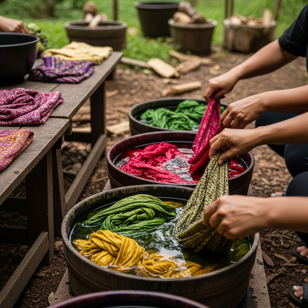 A natural dyeing process with artisans dipping fabrics into vibrant vegetal dyes in rustic tubs outdoors