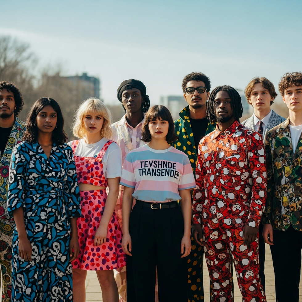An image of diverse individuals wearing expressive, colorful outfits with slogans supporting transgender rights, showcasing the fashion campaign's creative spirit.
