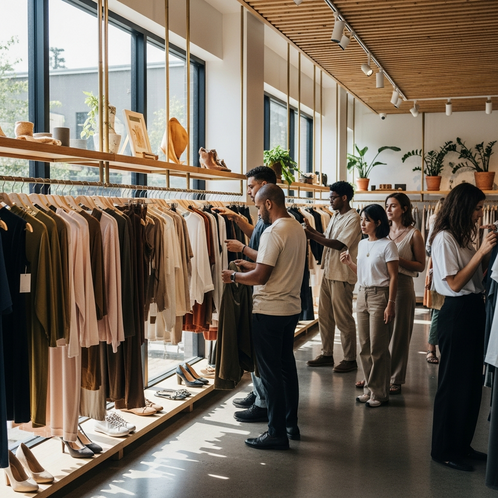 sustainable shopping Consumers shopping in a sustainable fashion boutique with eco-conscious clothing and transparent labels