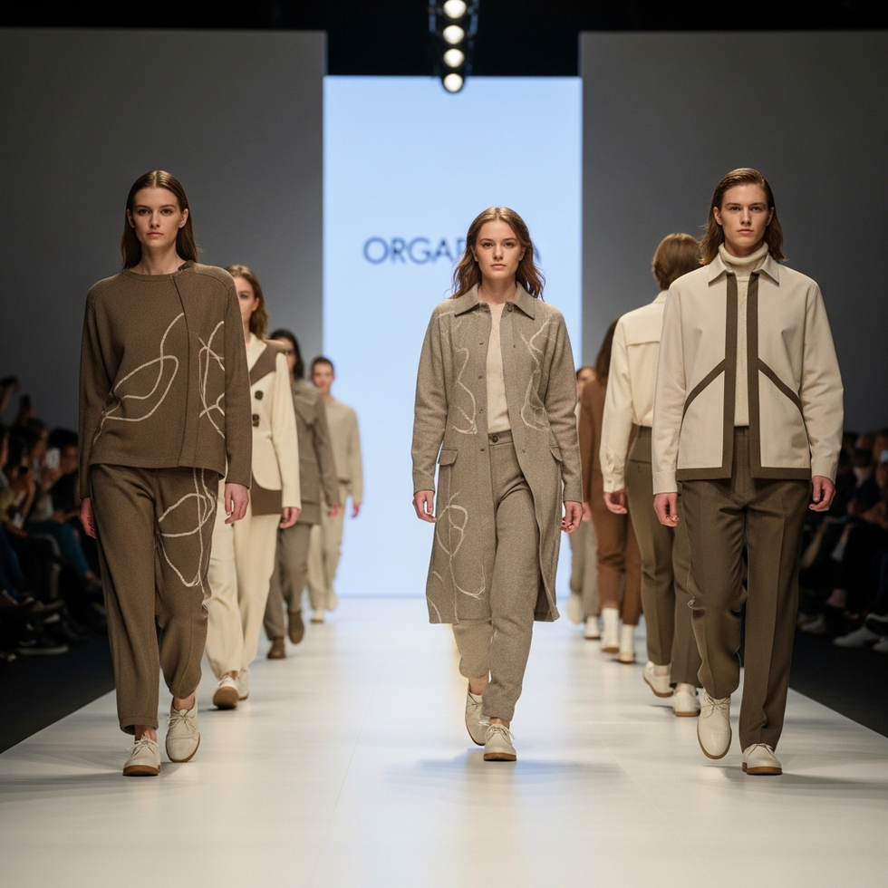 Fashion runway showcasing eco-friendly clothing and gender-neutral designs