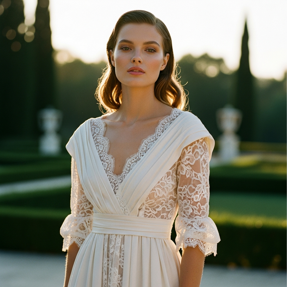 An elegant portrait of Dakota Johnson wearing a Valentino gown, showcasing her natural connection to high fashion and her role as a global ambassador.
