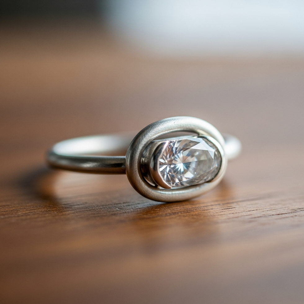 Close-up of eco-friendly jewelry made from recycled materials and lab-grown gemstones