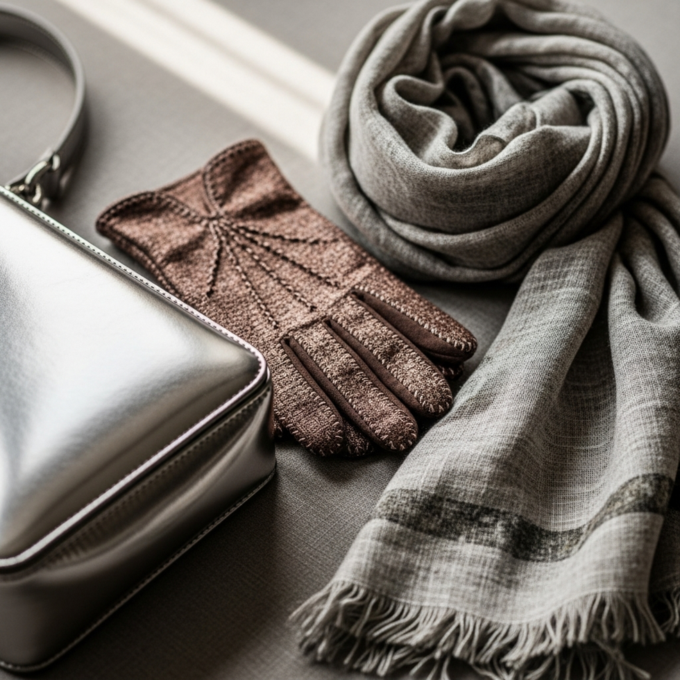 close-up of designer accessories including metallic handbags, statement gloves, and eco-friendly scarves