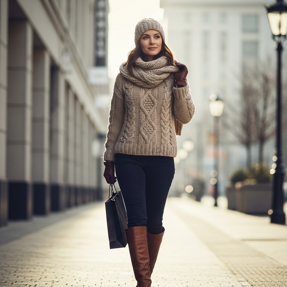 A stylish mom wearing a cozy sweater, boots, and winter accessories shopping on Amazon