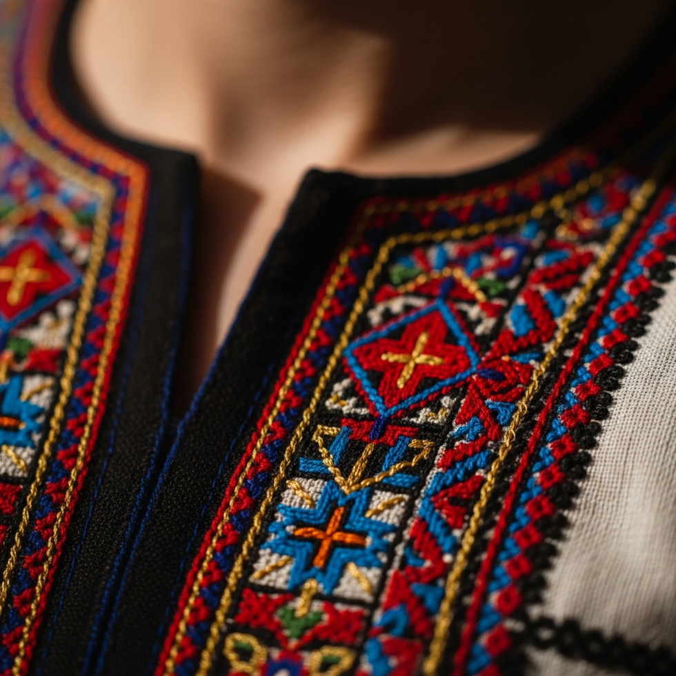 Close-up of traditional embroidery on a handmade garment, showcasing vibrant colors and detailed stitching
