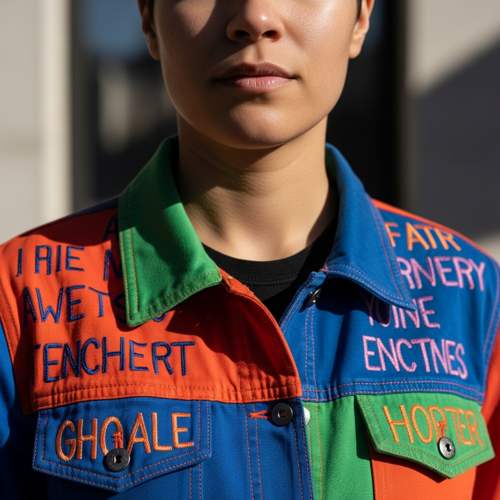 A close-up shot of a person wearing a custom jacket with vibrant colors and empowering messages, illustrating wearable activism in fashion.