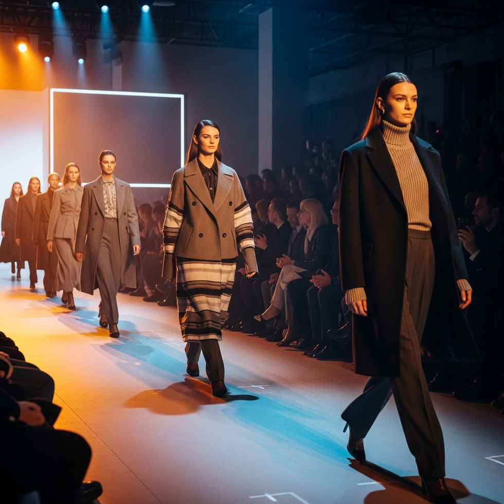 image prompt: runway scene opening NYFW fall 2026 with diverse models and vibrant lighting