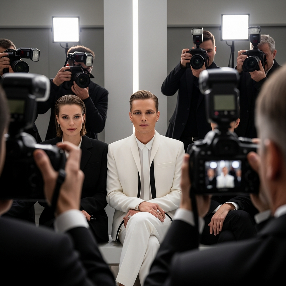 image prompt: celebrity front row at NYFW show with paparazzi