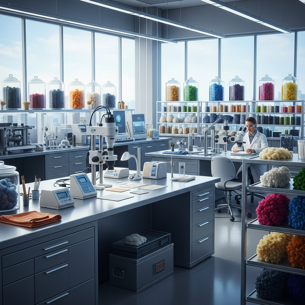 an innovative textile laboratory developing sustainable materials with futuristic equipment