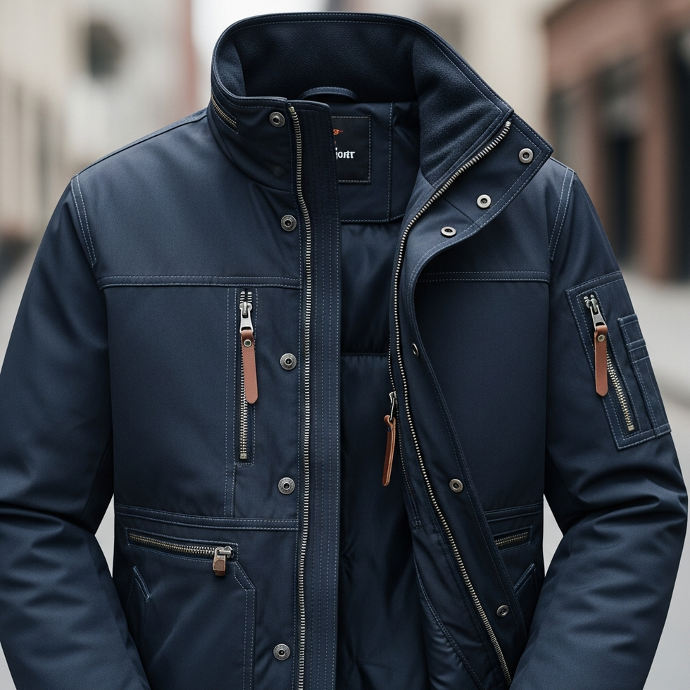 image prompt: stylish winter jacket with layered design and multiple pockets