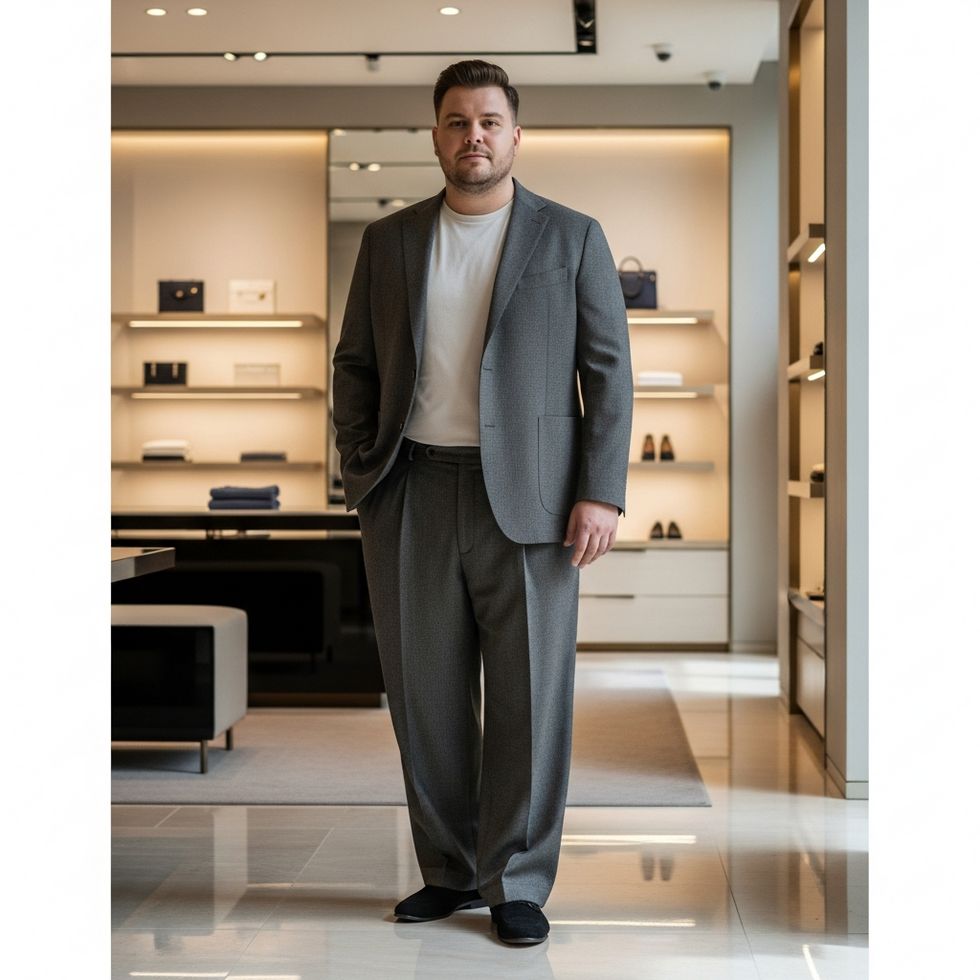 a fashion-forward, plus-size man in a tailored blazer and wide-leg trousers, standing confidently in a luxury retail environment