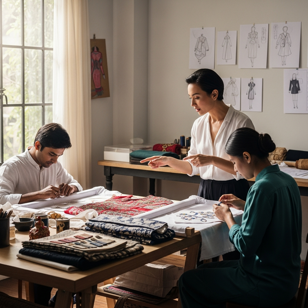 A designer working with artisans in a studio, demonstrating the blending of traditional techniques and high fashion design, surrounded by sketches and textiles.