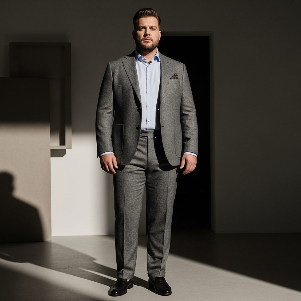a plus-size male model in designer clothing, showcasing tailored fashion for bigger bodies in a modern studio setting