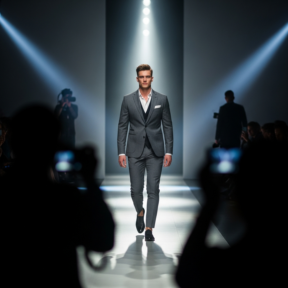 an NFL player in stylish designer attire walking the runway during a high-profile fashion show with bright lights and photographers