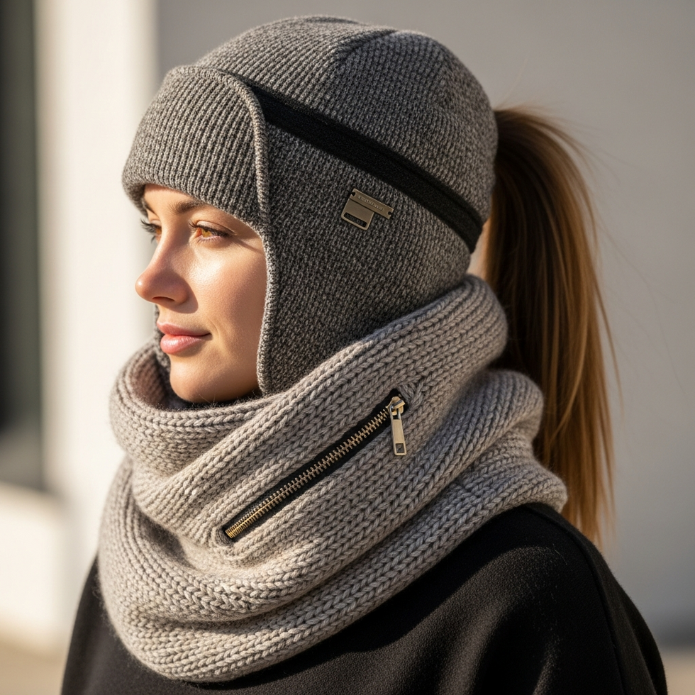 image prompt: winter scarf with a zippered pocket and a fashionable ponytail hat with earflaps