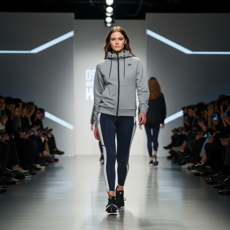 image prompt: young female designers presenting sportswear collections on NYFW runway