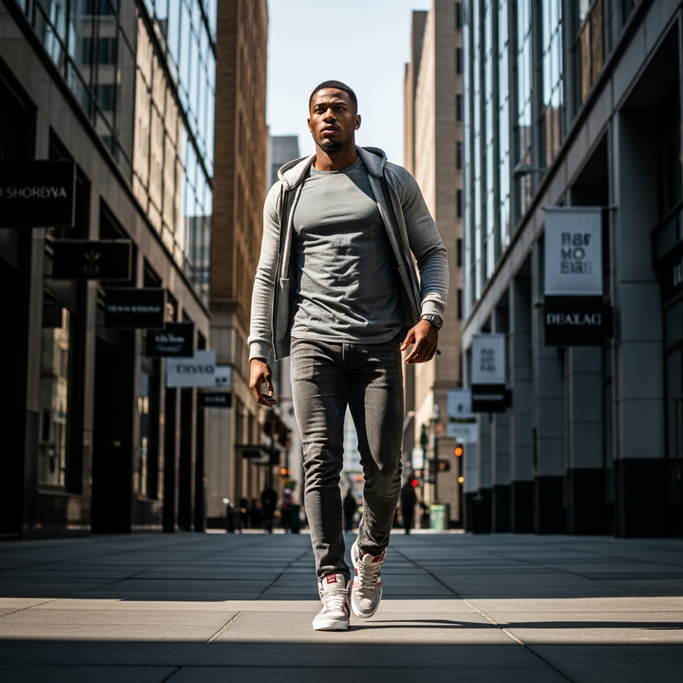 a professional football player in stylish contemporary streetwear, walking confidently through a city street during a fashion shoot