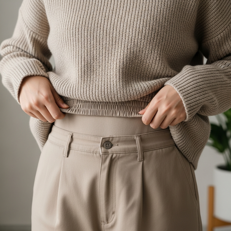 image prompt: no-sew clothing hack with a stretch tuck band underneath a sweater