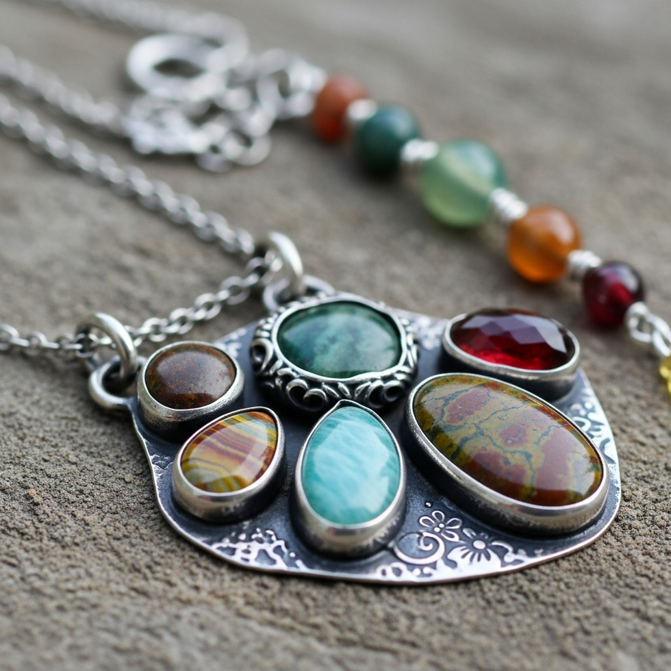 sustainable jewelry materials close-up of eco-friendly handmade jewelry with natural gemstones and recycled metals, highlighting craftsmanship and sustainability