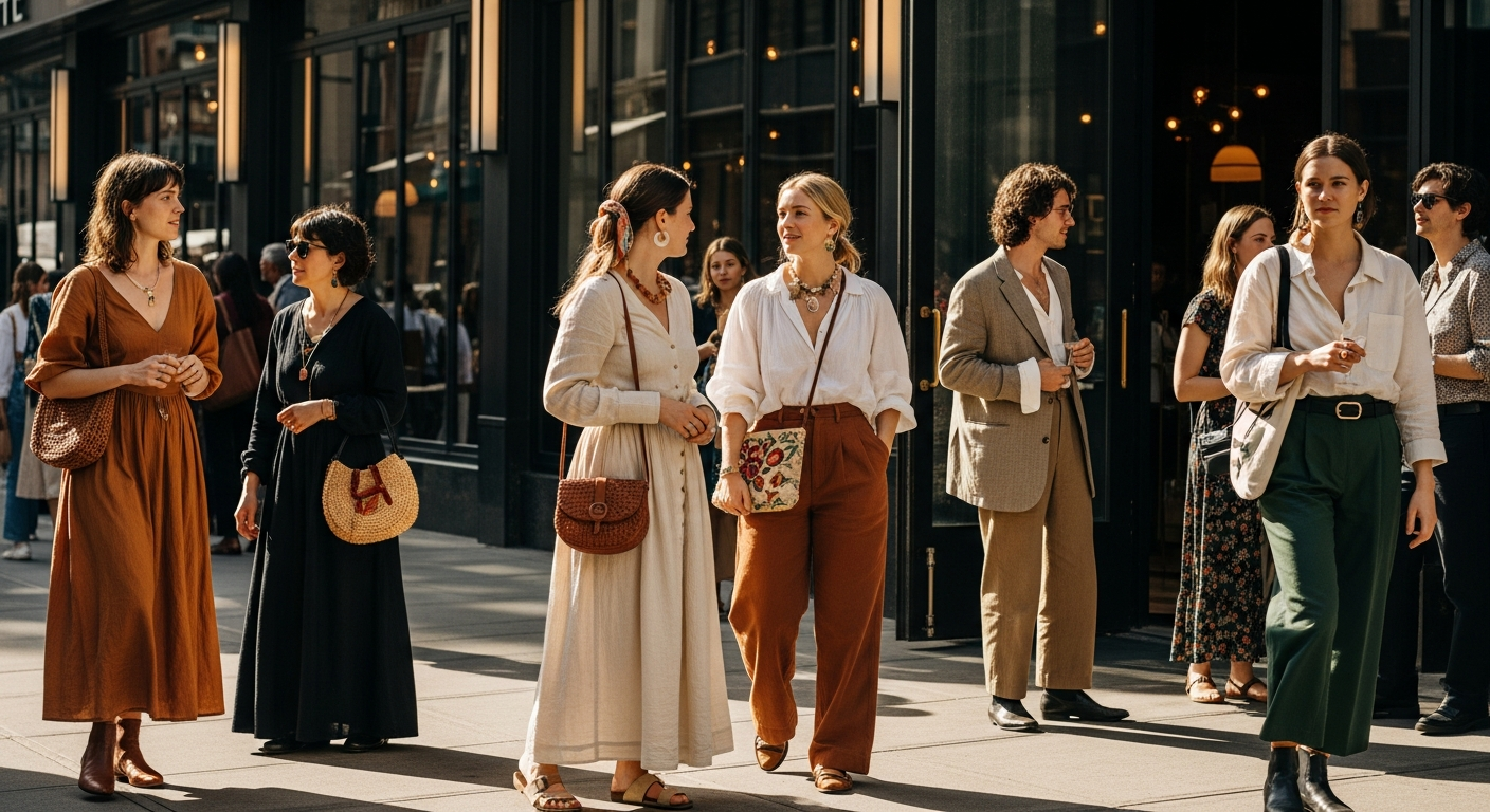 artisanal fashion A lively sidewalk scene outside a modern restaurant with people in chic, artisanal fashion, natural lighting highlighting handcrafted jewelry, in a trendy urban neighborhood.