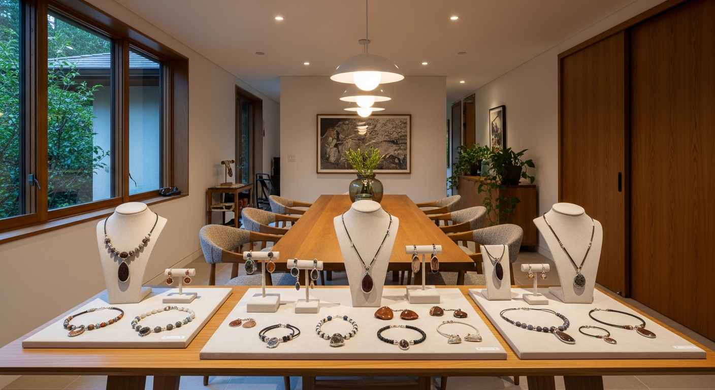 eco-conscious fashion Interior view of a modern dining space with natural wood accents and subtle lighting, showcasing a collection of artisanal jewelry displayed alongside gourmet dishes, emphasizing harmony between food and fashion.