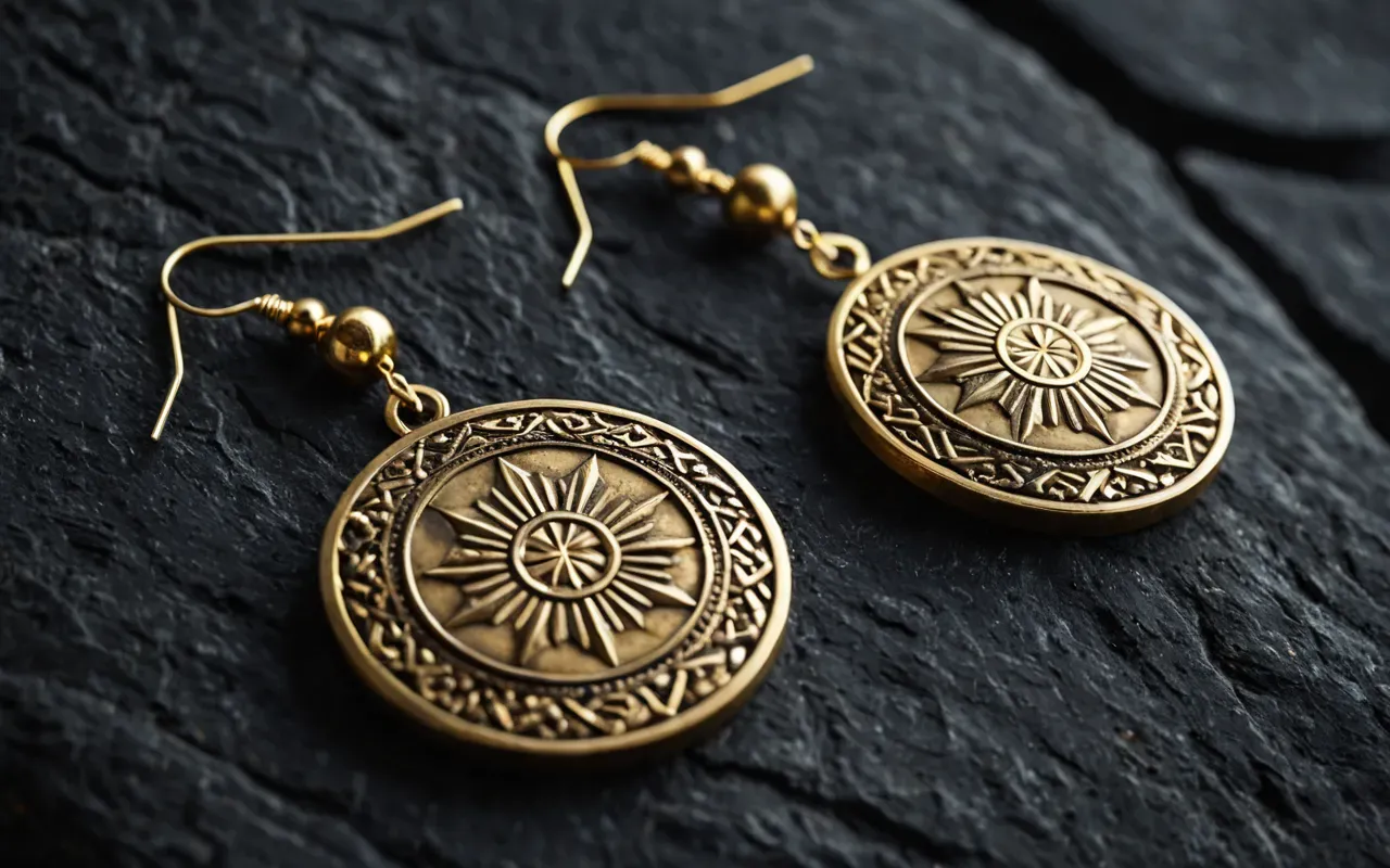 gold medallion earrings A close-up, high-resolution photograph of a pair of ornate, ancient-looking gold medallion earrings resting on a dark, textured stone surface. The lighting is dramatic and warm, highlighting the intricate details and age of the metal. The background is blurred to keep the focus entirely on the jewelry. No text or branding is visible in the image.