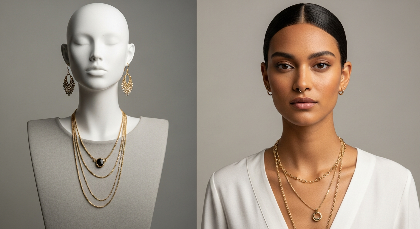 artisanal jewelry A close-up of handcrafted mismatched earrings and layered chunky necklaces, showcasing natural gemstones and mixed metals, styled on a neutral background with soft lighting.