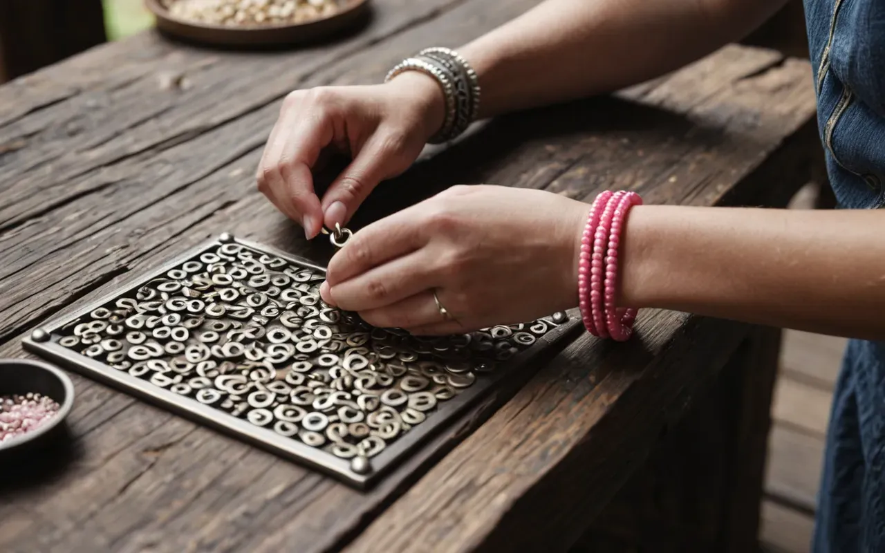 A close-up of hands carefully assembling a delicate silver bracelet with small pink beads on a rustic wooden workbench. Soft natural lighting highlights the intricate details and textures.