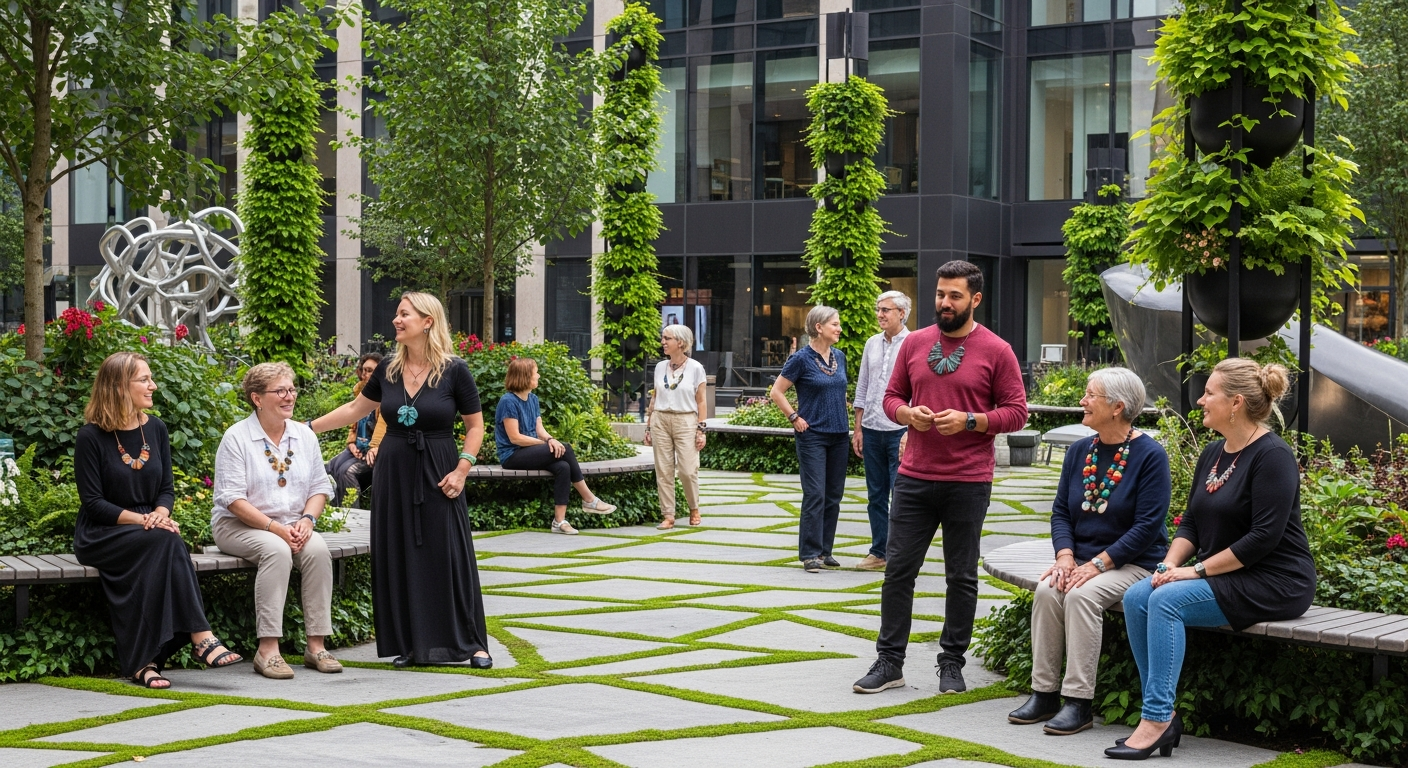 modern fashion trends A diverse group of people in a trendy urban plaza wearing handcrafted jewelry, engaging in lively conversation, with lush greenery and modern architecture in the background, emphasizing contemporary style and individuality.