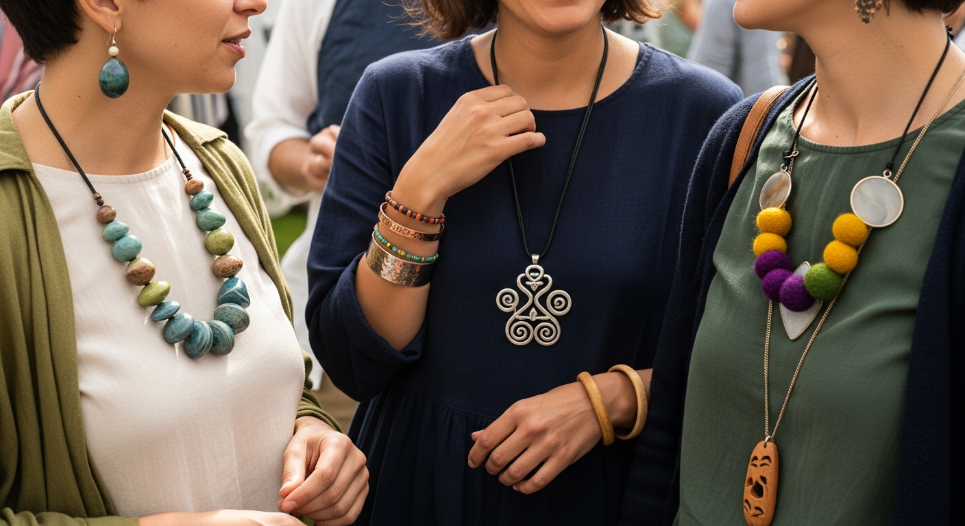 individual fashion A diverse group of people wearing distinctive handmade jewelry at an outdoor market, illustrating individuality and community