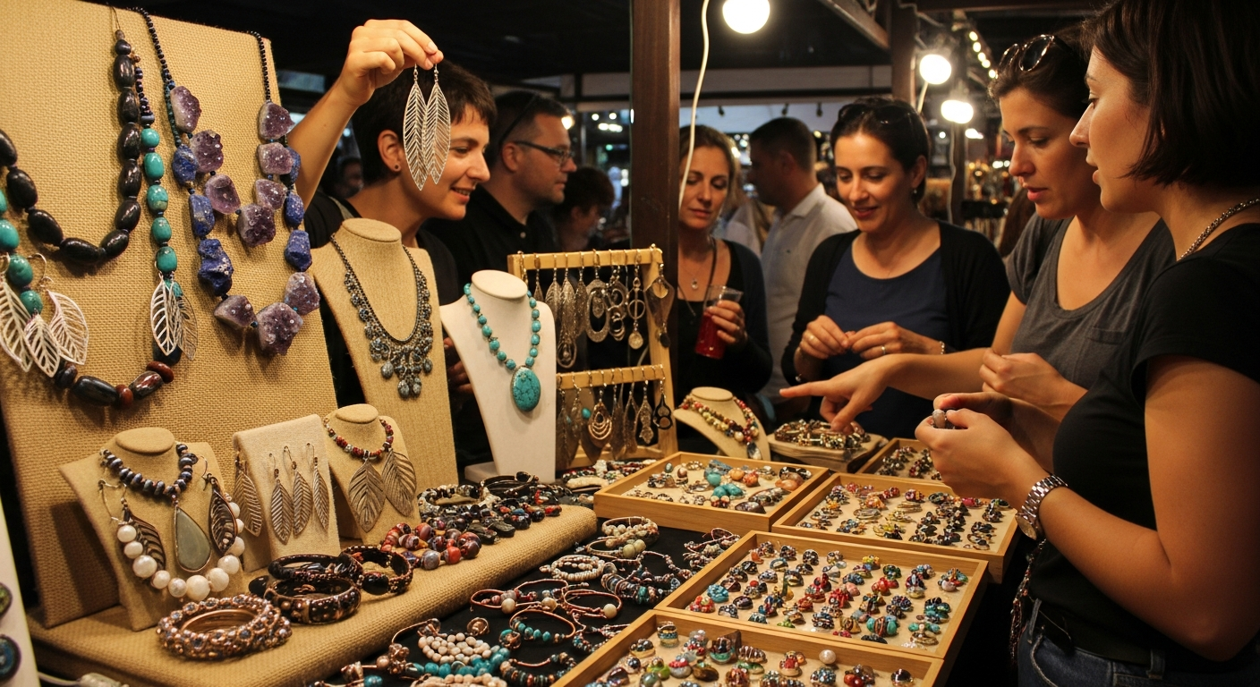 small artisan jewelry A marketplace stall filled with handcrafted jewelry featuring bold designs, natural stones, and recycled metals, with diverse customers exploring and selecting pieces.
