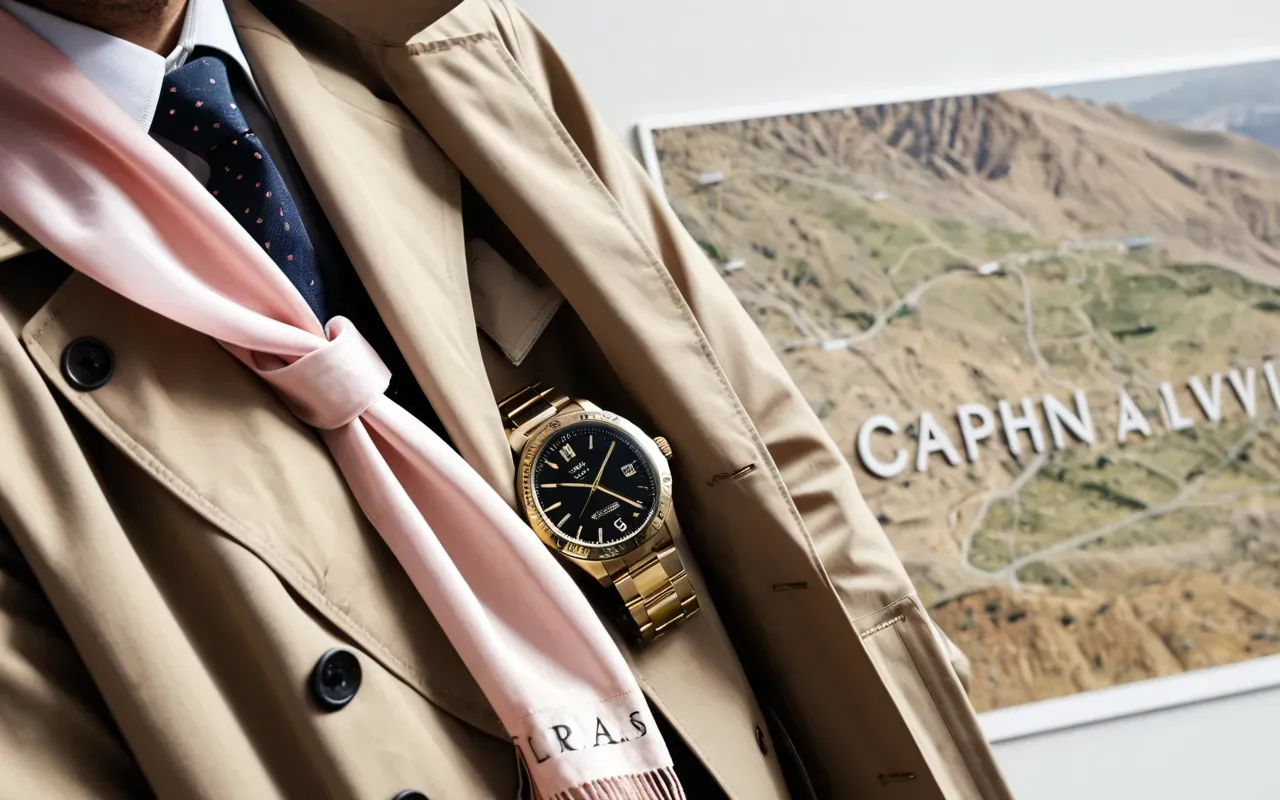 A minimalist flat lay of a beige trench coat paired with a sleek gold watch and a subtle pink silk scarf arranged neatly on a clean white marble surface.