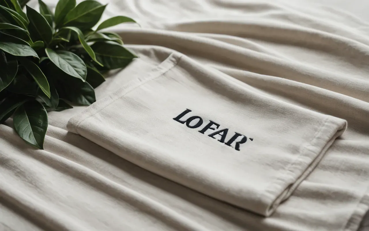 minimalist fabric comfort A minimalist, flat-lay photograph of a neatly folded, soft fabric garment in a neutral tone, placed next to a small, natural plant leaf on a smooth, light gray stone background, emphasizing simplicity and comfort.