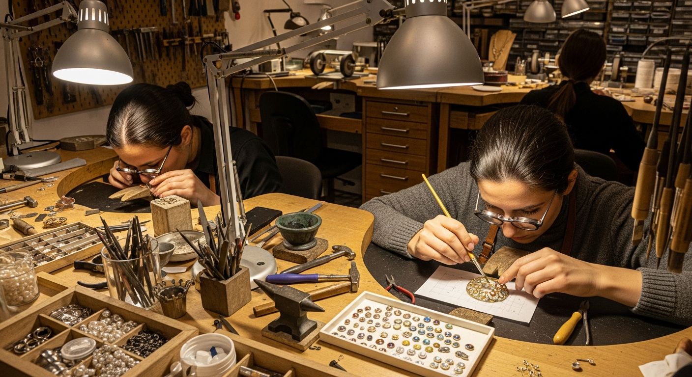 artisanal jewelry A modern jewelry studio with artisans meticulously designing and crafting unique handmade accessories, warm lighting highlighting textures and detailed craftsmanship, set in an airy, minimalist workspace.