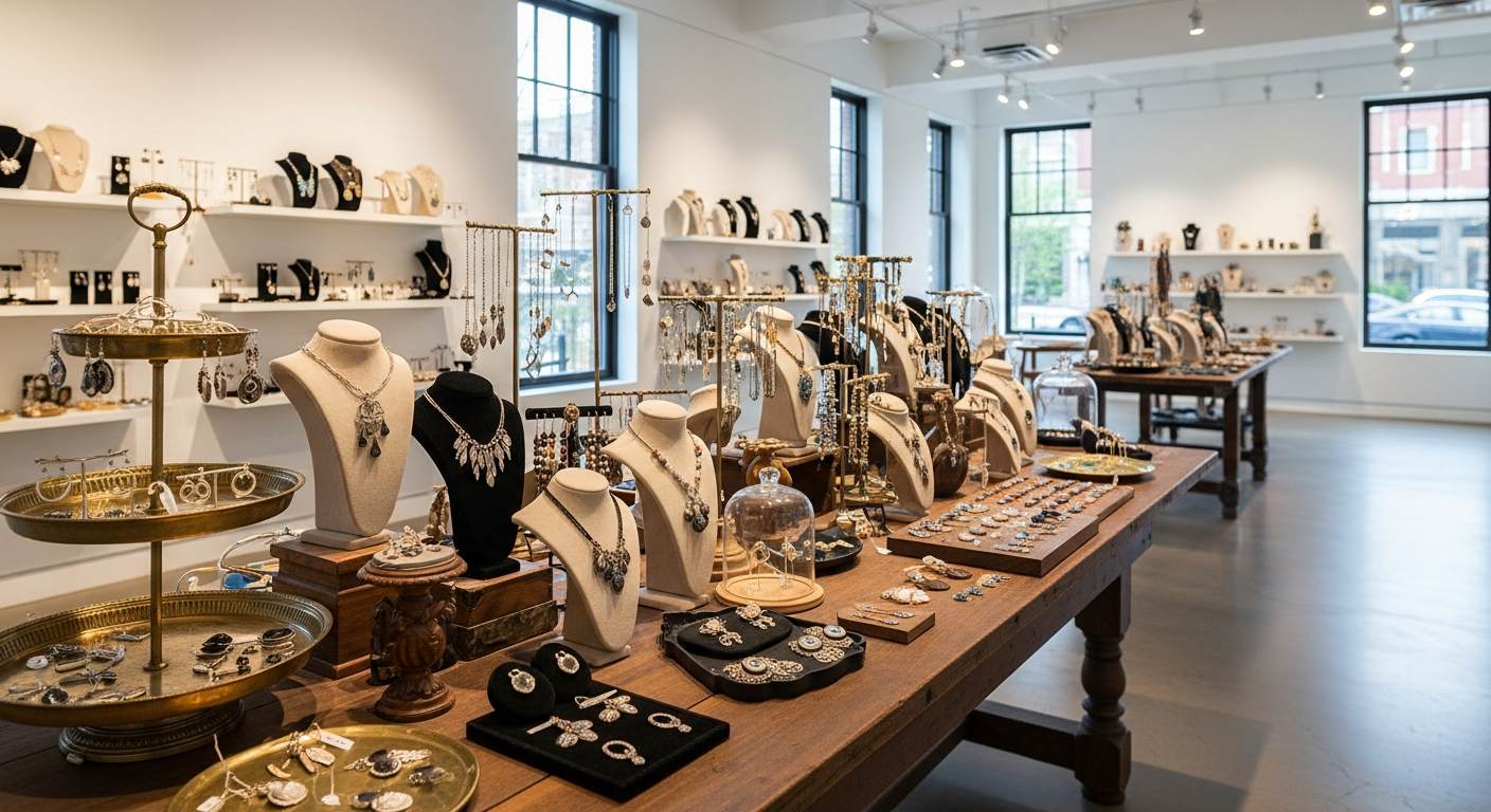 sustainable artisan jewelry A modern retail space displaying an array of handmade jewelry pieces on antique-style display stands, with a focus on diverse artisanal designs crafted from recycled metals and colorful gemstones, illuminated by warm, natural light to emphasize the craftsmanship and eco-conscious ethos.