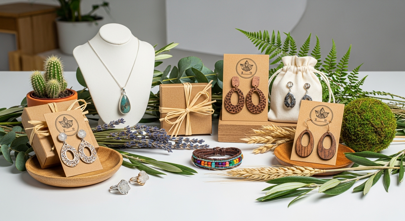 eco-friendly jewelry A modern studio setting with handmade jewelry displayed on eco-friendly packaging, surrounded by natural plant decor highlighting sustainable practices