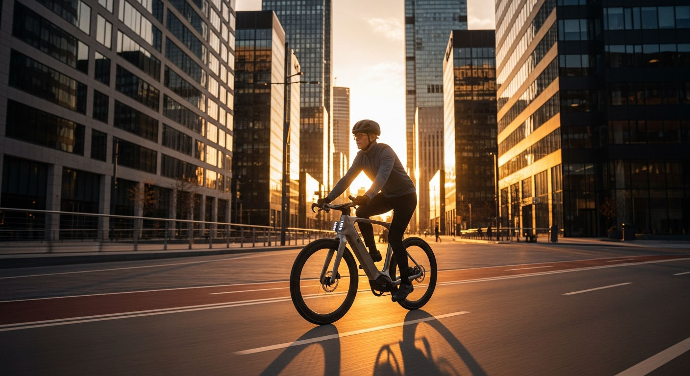 e-bike innovation A modern urban setting with a person riding a sleek, custom-designed e-bike through a cityscape during golden hour, emphasizing elegance and innovation in a neutral, international environment.