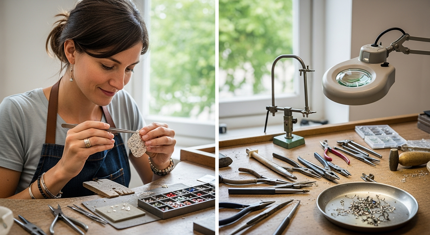 craftsmanship A scene of a jewelry artist soldering and polishing different pieces in a well-organized studio, highlighting craftsmanship and dedication