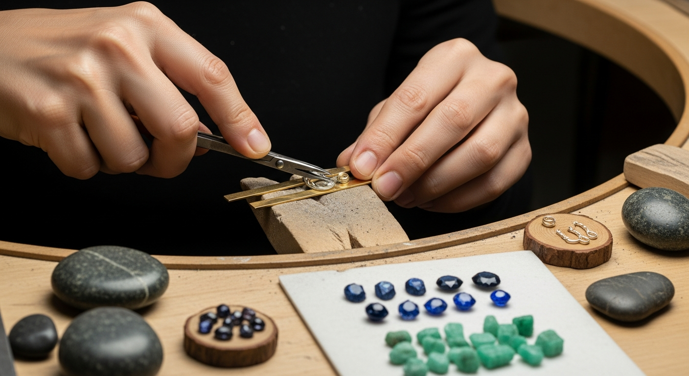 ethical handmade jewelry studio A studio scene showing an artisan cutting and assembling silver and gold jewelry with a focus on eco-friendly design processes, with natural light streaming through a large window onto a cluttered worktable filled with sustainable materials and gemstone trimmings.