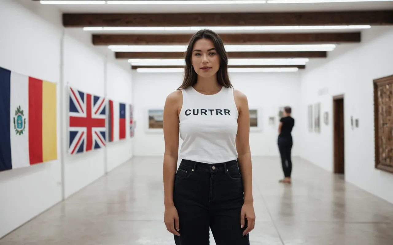 fashion trends 2026 A stylish, modern woman standing in a bright, minimalist art gallery space. She is wearing a chic, neutral-colored outfit and looking at a display case containing ancient jewelry. The lighting is soft and natural. The mood is contemplative and sophisticated. The scene is generic and international, with no specific cultural markers, text, or branding visible.