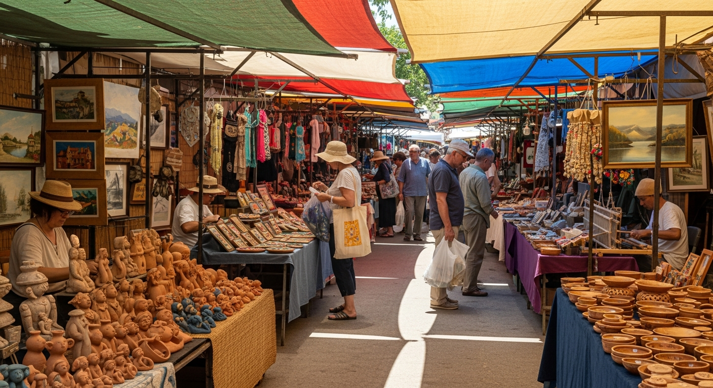 artisan market An artisan market bustling with visitors examining stands featuring handmade jewelry, vibrant displays showcasing diverse styles and materials, bright lighting emphasizing the uniqueness of each piece.