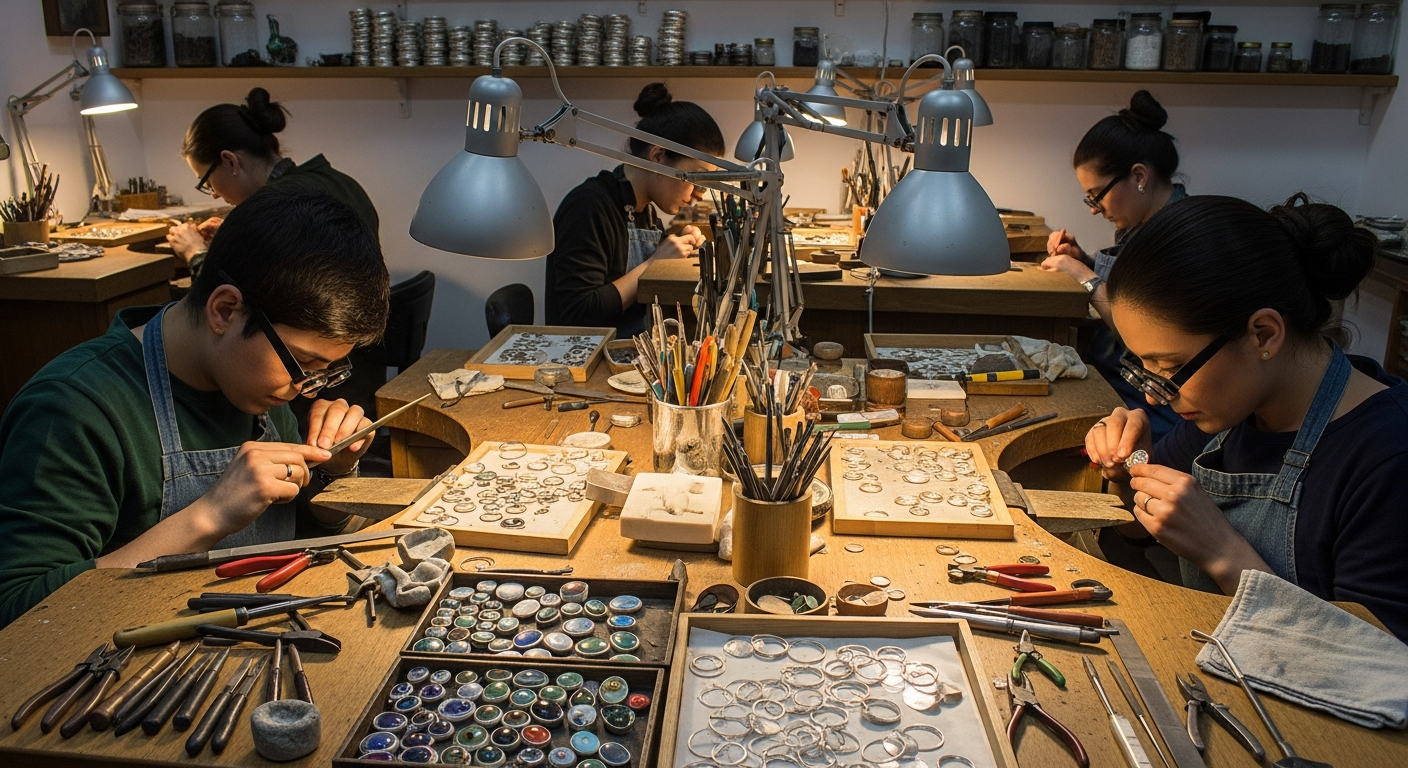 eco-conscious jewelry An artisan workshop with small-scale jewelers working on natural gemstone pendants and layered silver rings in warm, inviting lighting, emphasizing craftsmanship.