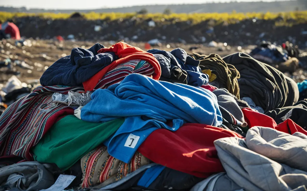 fast fashion waste Close-up editorial photograph of a pile of colorful discarded clothes in a landfill with soft natural daylight and a shallow depth of field
