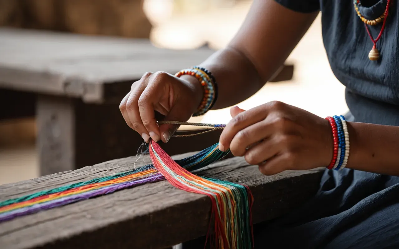 artisan craftsmanship Close-up of a female artisan's hands weaving colorful threads into a bracelet, soft natural lighting, shallow depth of field, neutral background