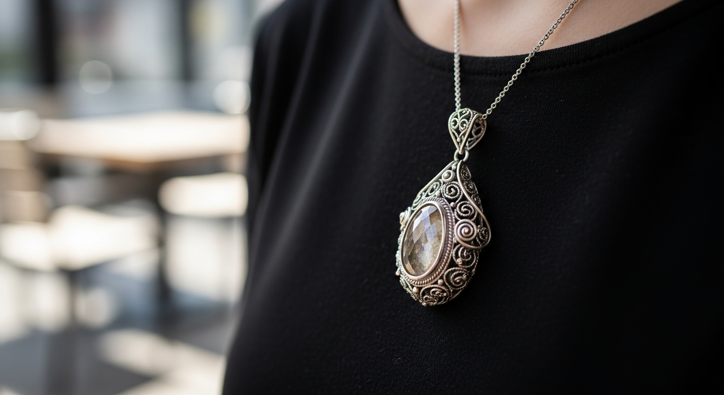 handcrafted jewelry Close-up of a handcrafted pendant necklace with intricate details, worn by a person in a modern urban setting, soft natural light highlighting the textures and artisanal quality.